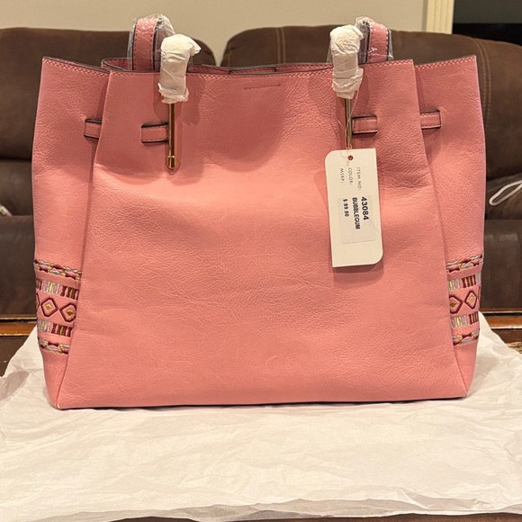 Fabulous Age Handbags - Chic Pink Tote Bag with Patterned Accents